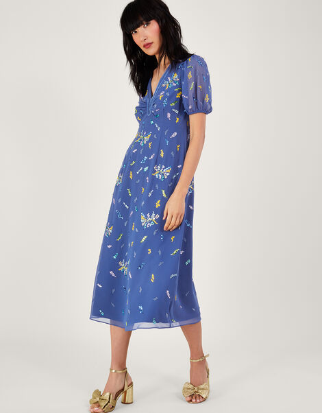 Zena Sequin Tea Dress in Recycled Polyester, Blue (BLUE), large