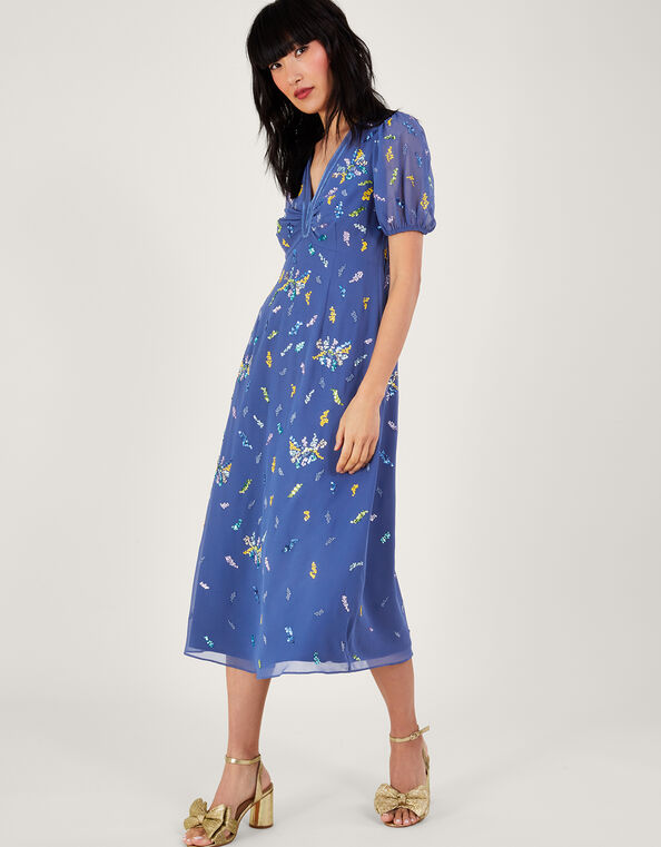 Zena Sequin Tea Dress in Recycled Polyester, Blue (BLUE), large