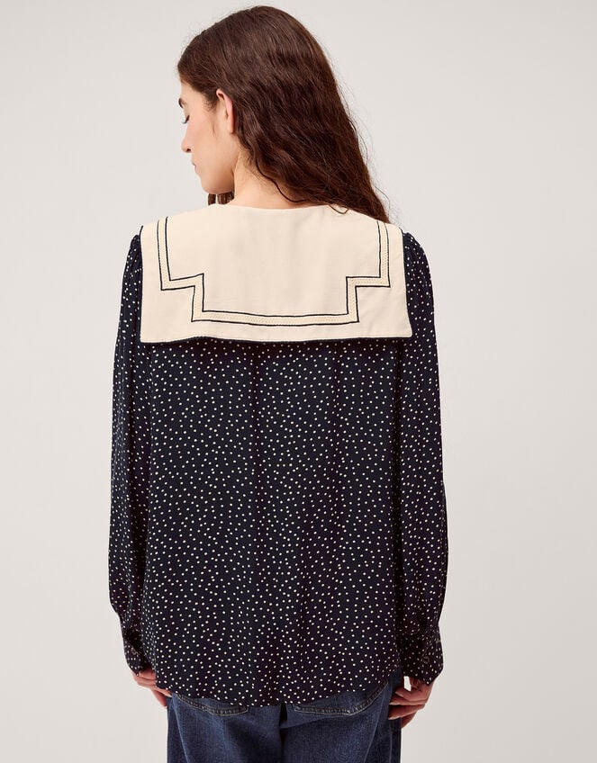 Ivy Embroidered Collar Polka Dot Blouse, Blue (NAVY), large
