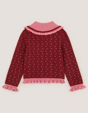 Frill Collar Bow Cardigan, Red (BURGUNDY), large