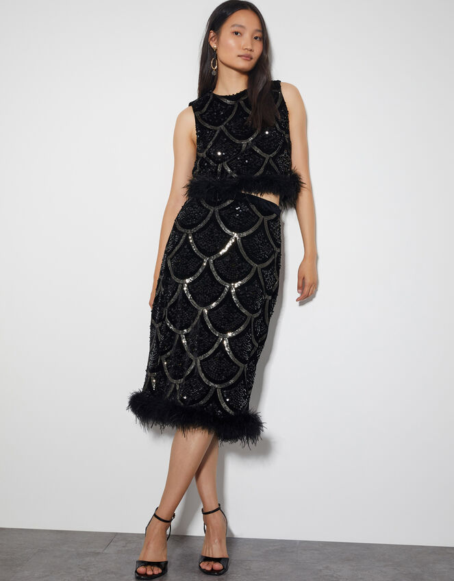 Sira Sequin Feather Pencil Skirt, Black (BLACK), large