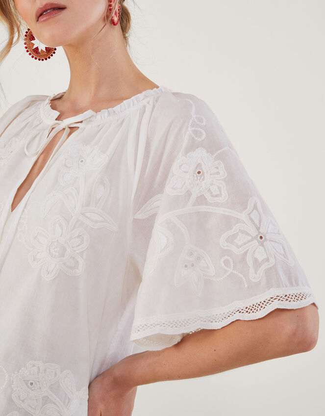 Embroidered Short Sleeve Top, White (WHITE), large