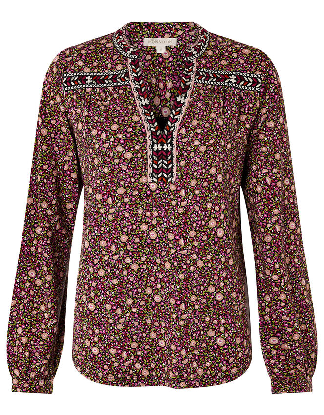 Embroidered Trim Floral Blouse, Red (RED), large