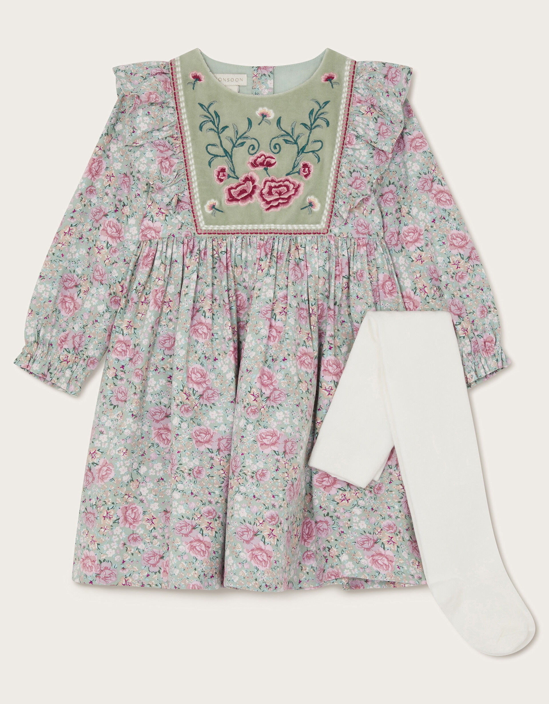 Baby Long Sleeve Floral Dress and Tights Set Green