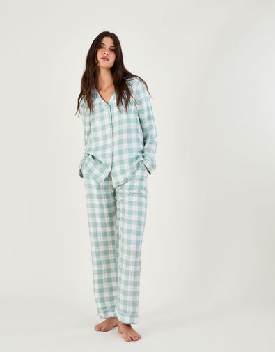 Check Collared Pyjama Shirt in LENZING™ ECOVERO™  Green, Green (GREEN), large