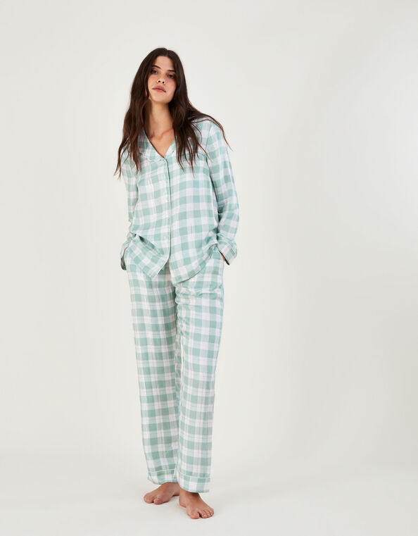 Check Collared Pyjama Shirt in LENZING™ ECOVERO™ , Green (GREEN), large