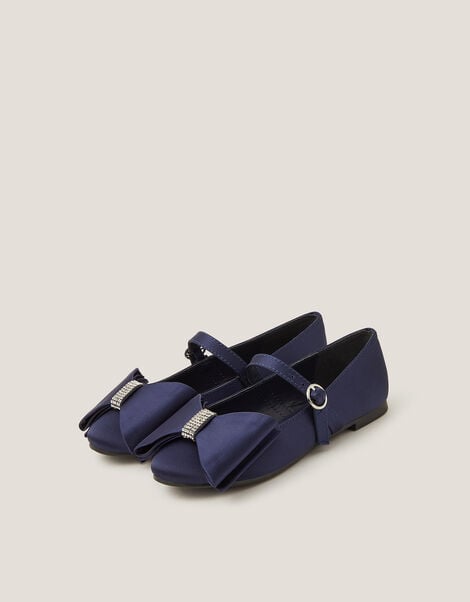 Bow Satin Ballet Flats, Blue (NAVY), large