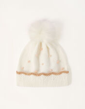 Rosie Pearly Pom-Pom Beanie, Ivory (IVORY), large