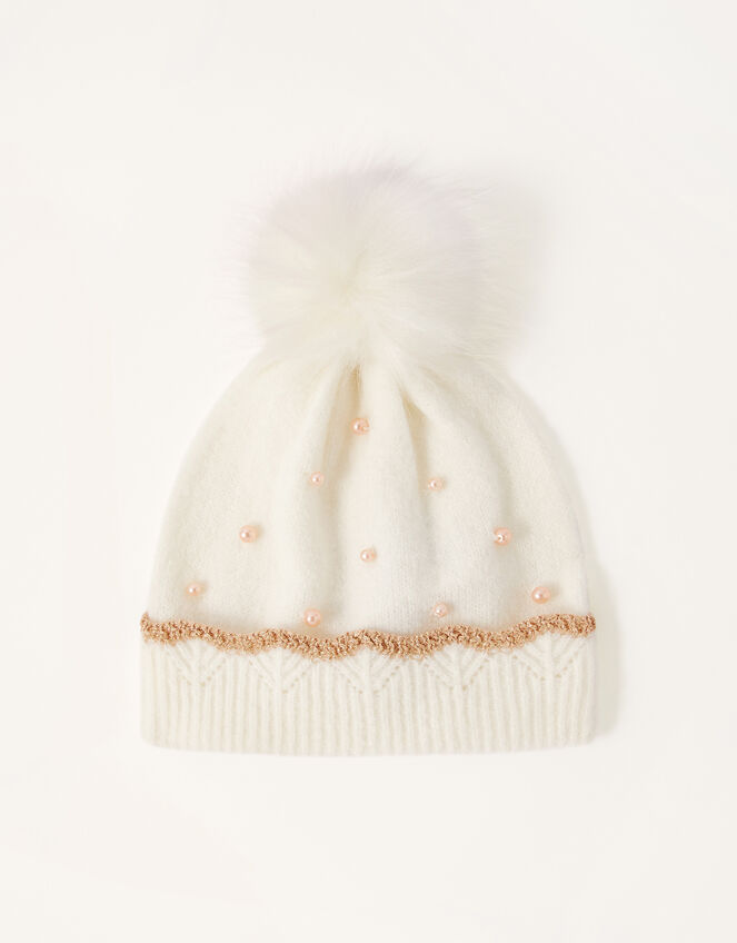 Rosie Pearly Pom-Pom Beanie, Ivory (IVORY), large