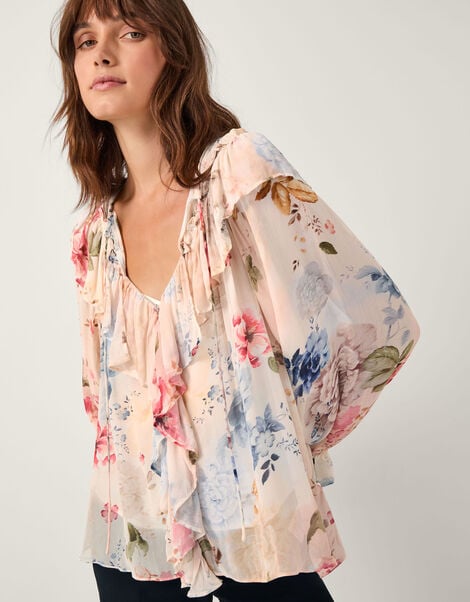 Sasha Floral Ruffle Blouse, Cream (CREAM), large