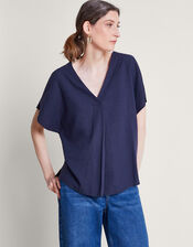 Viola V-Neck Pintuck T-Shirt, Blue (NAVY), large