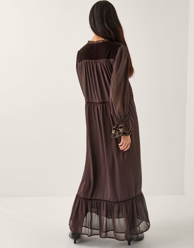 Nova Embroidered Yoke Chiffon Maxi Dress, Brown (CHOCOLATE), large