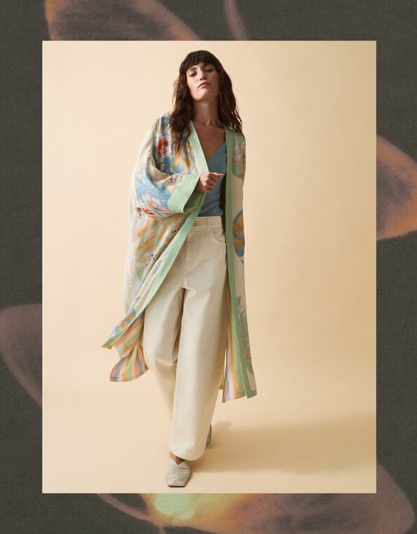 Clemence Amelie Floral Long Kimono, Cream (CREAM), large