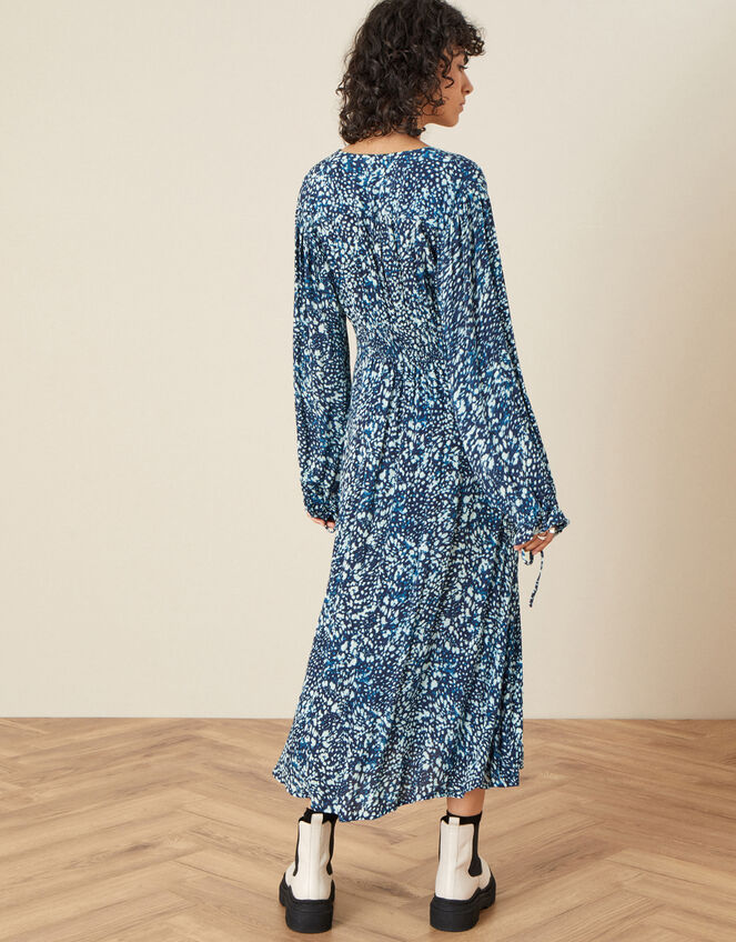 Shirred Animal Print Dress , Blue (NAVY), large