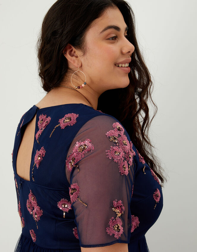 Ruby Embellished Midi Dress in Recycled Polyester, Blue (NAVY), large