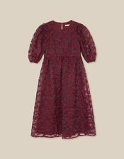 Wren Embroidered Organza Midi Dress, Red (BURGUNDY), large