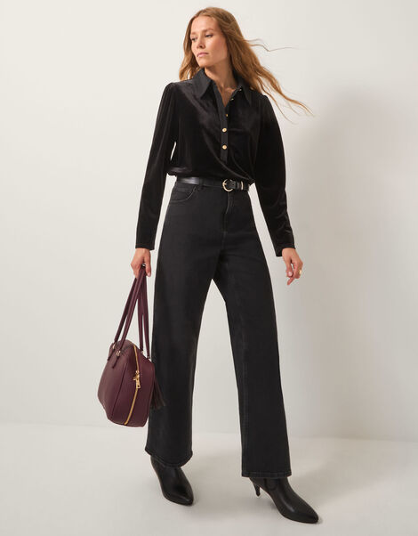 Clay Collar Stretch Velvet Blouse, Black (BLACK), large