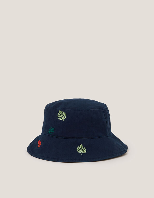 Leaf Embroidered Bucket Hat, Blue (BLUE), large