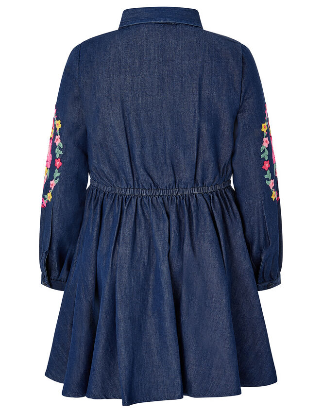 Floral Embroidery Chambray Shirt Dress, Blue (BLUE), large