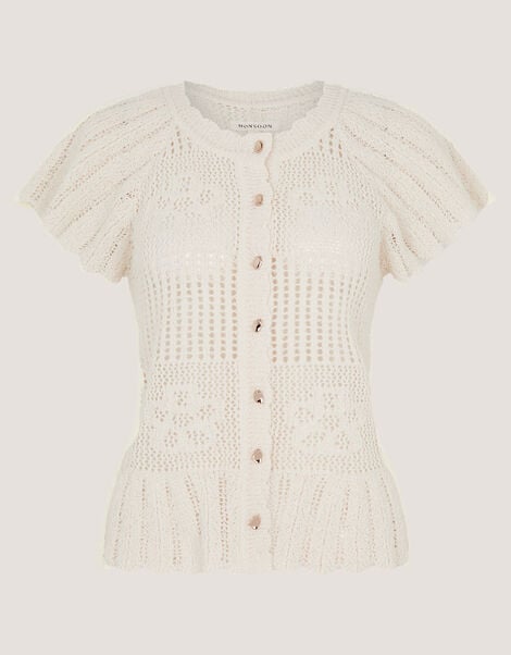 Indi Short Sleeve Floral Pointelle Cardigan, Ivory (IVORY), large