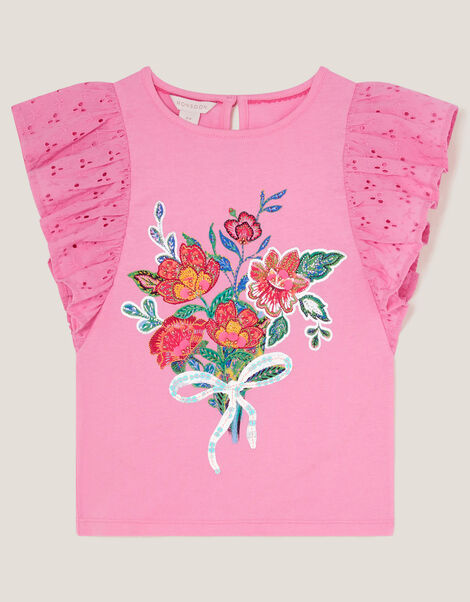 Floral Bouquet Broderie Frill Top, Pink (PINK), large