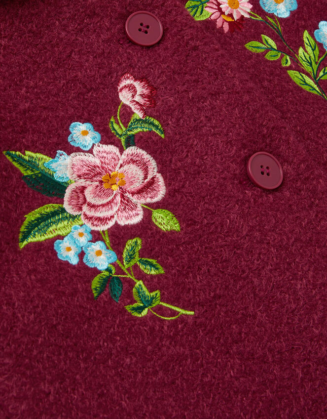 Floral Embroidered Boucle Coat, Red (BURGUNDY), large