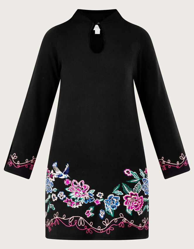 Embroidered Short Tunic Dress with Recycled Polyester, Black (BLACK), large