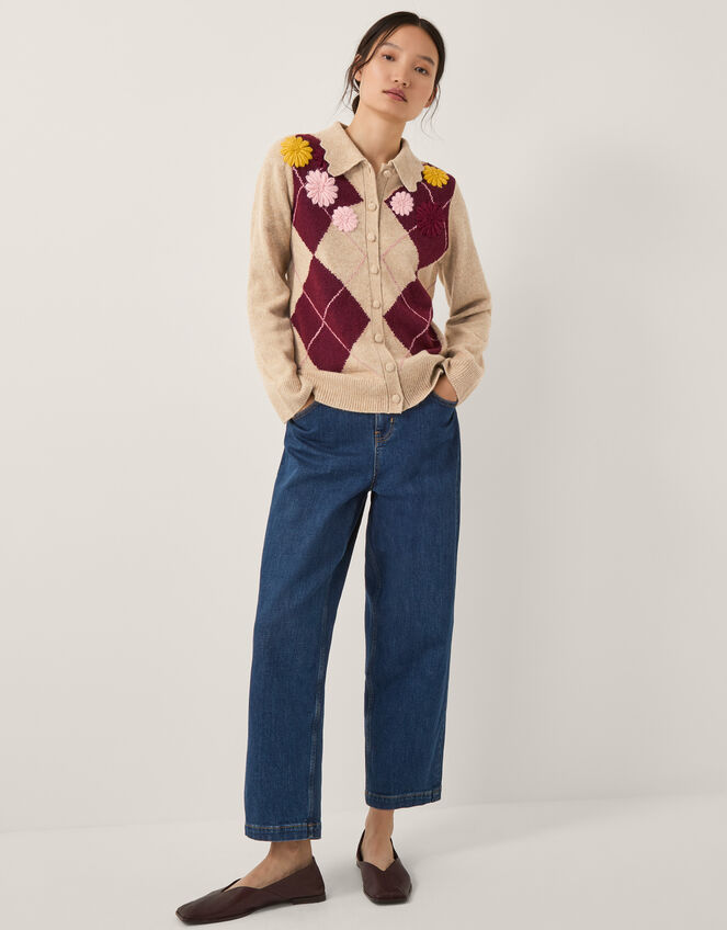 Ami Floral Argyle Collar Cardigan, Natural (NATURAL), large