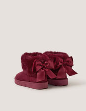 Velvet Bow Fluffy Ankle Boots, Red (BURGUNDY), large