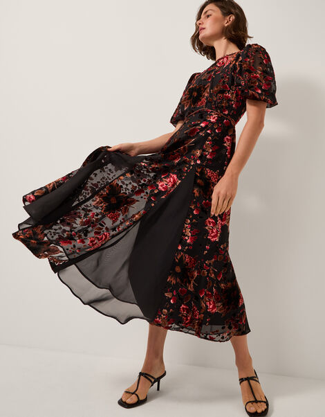 Carolyn Floral Devoré Midi Dress, Black (BLACK), large