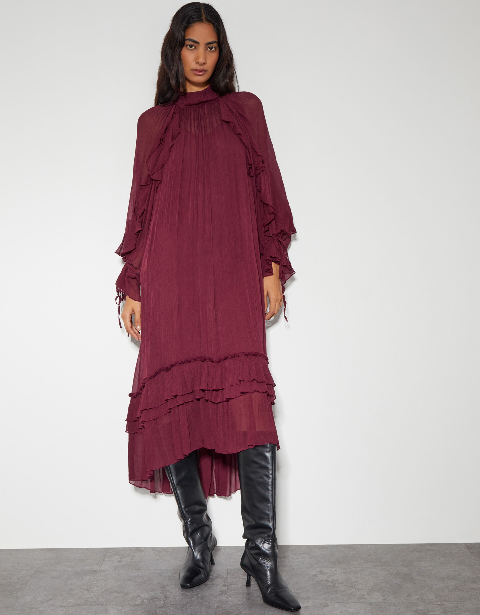 Red ruffle midi dress best sale