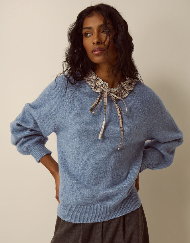 Corie Check Ruffle Collar Jumper, Blue (BLUE), large