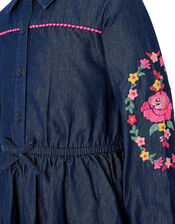Floral Embroidery Chambray Shirt Dress, Blue (BLUE), large