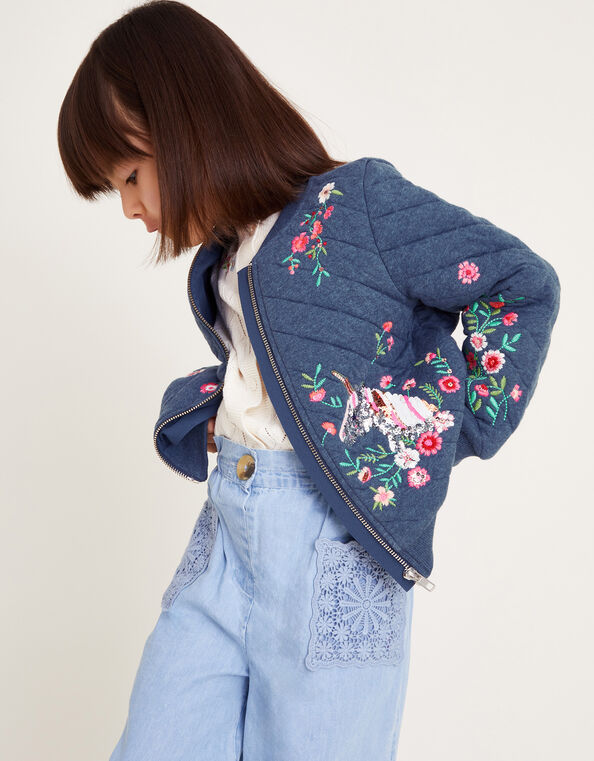 Floral Unicorn Quilted Bomber Jacket, Blue (BLUE), large