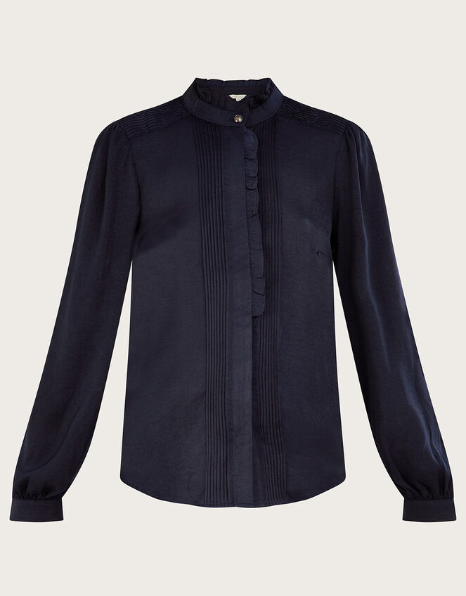 Claire Frill Neck Blouse with Recycled Polyester, Blue (NAVY), large