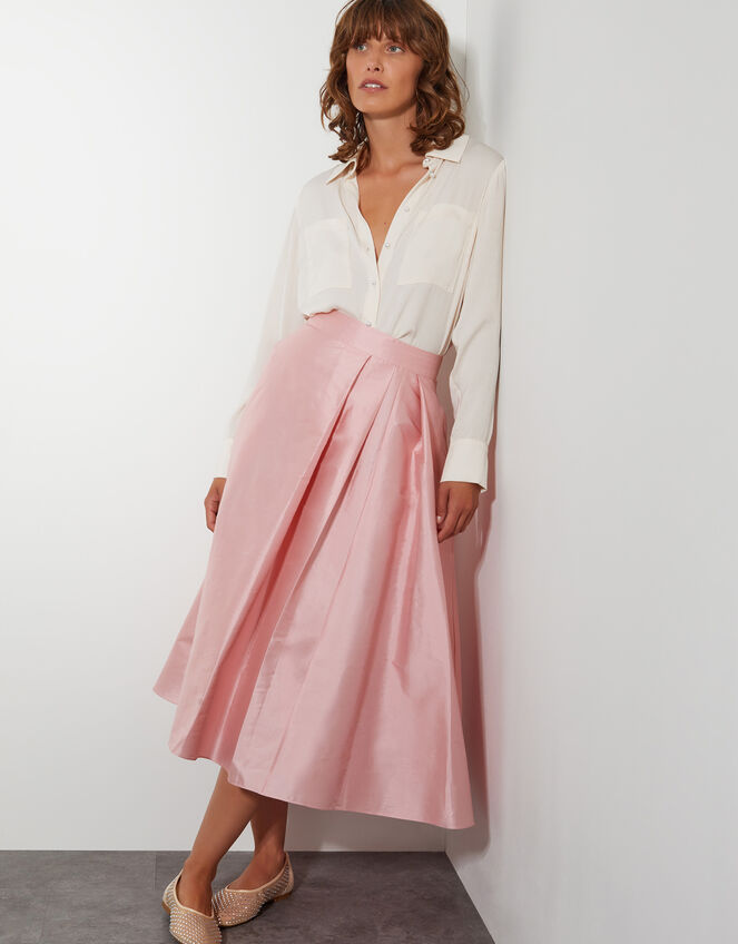 Tanya Taffeta Pleated Midi Skirt, Pink (PINK), large