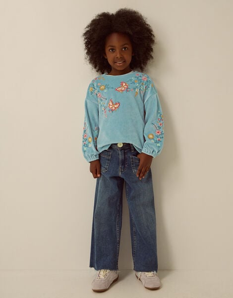 Floral Embroidered Velour Sweatshirt, Green (GREEN), large