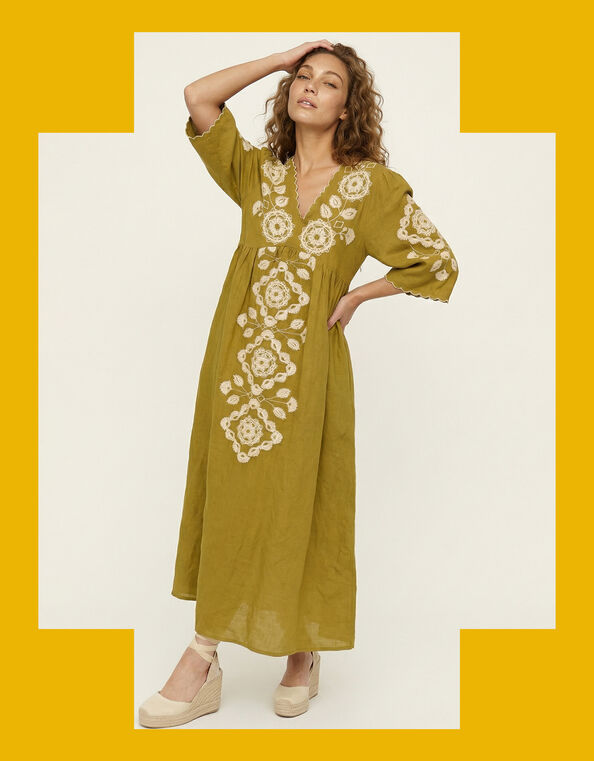 Raffya Arianna Embroidered Midi Dress, Yellow (YELLOW), large