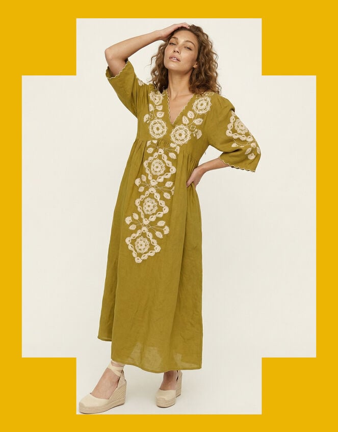 Raffya Arianna Embroidered Midi Dress, Yellow (YELLOW), large