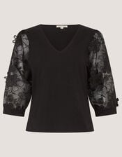 Fi Floral Appliqu&eacute; Jersey Top, Black (BLACK), large