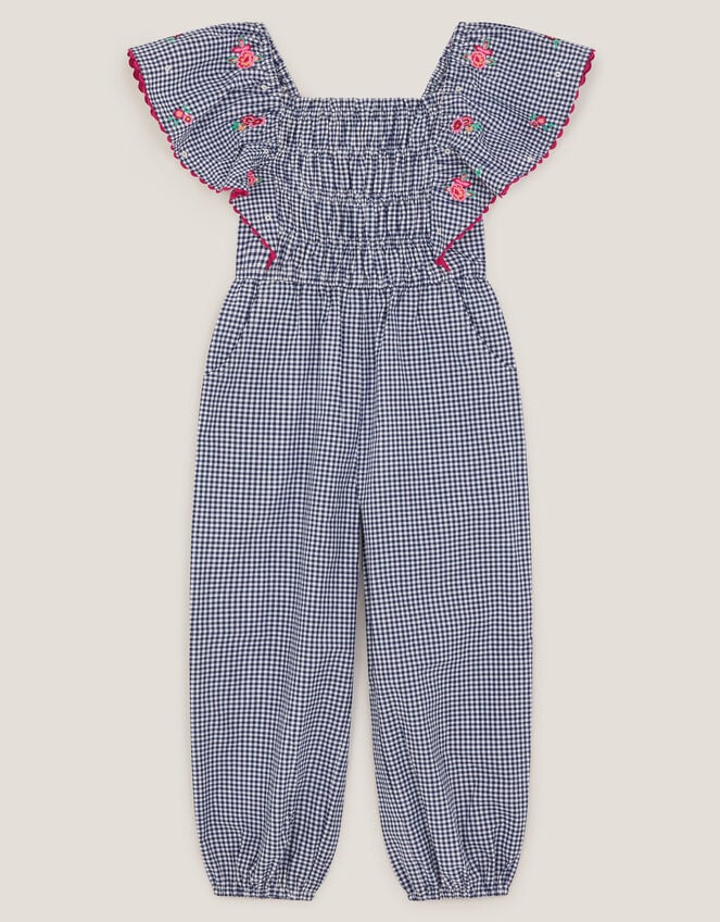 Floral Embroidered Gingham Jumpsuit, Blue (NAVY), large