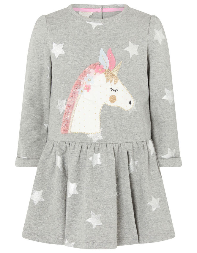 Baby Unicorn Sweat Dress in Pure Cotton, Grey (GREY), large