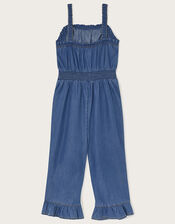 Chambray Frill Hem Jumpsuit, Blue (BLUE), large