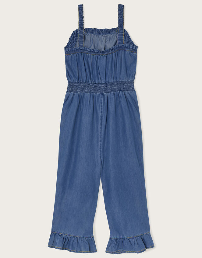 Chambray Frill Hem Jumpsuit, Blue (BLUE), large