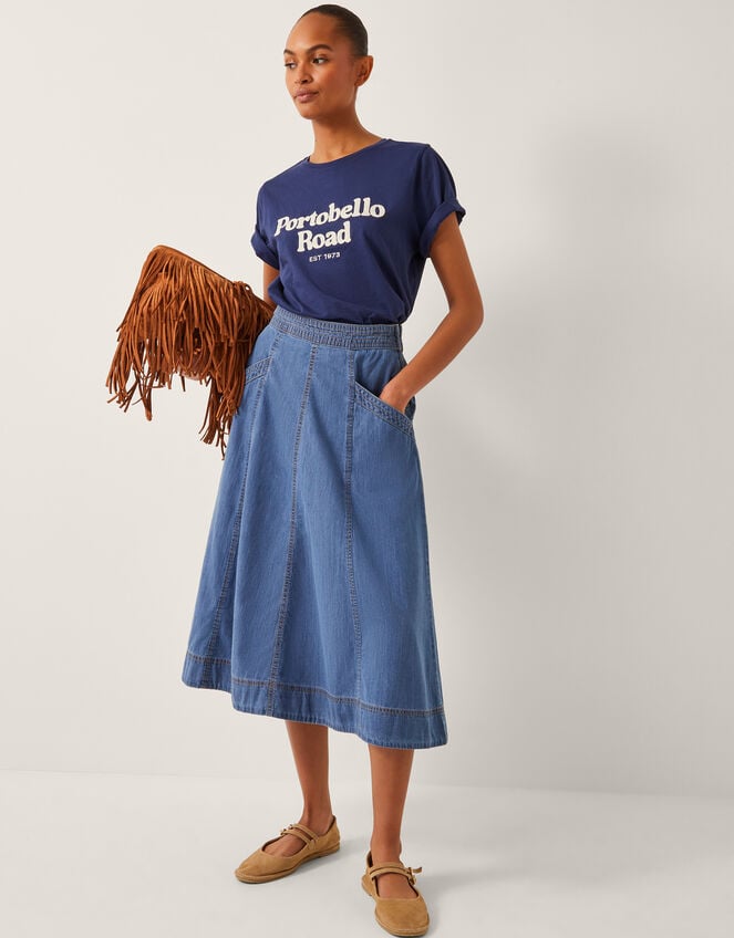 Harper Seamed Denim Midi Skirt, Blue (DENIM BLUE), large