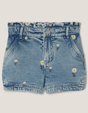 Daisy Embroidered Denim Shorts, Blue (BLUE), large