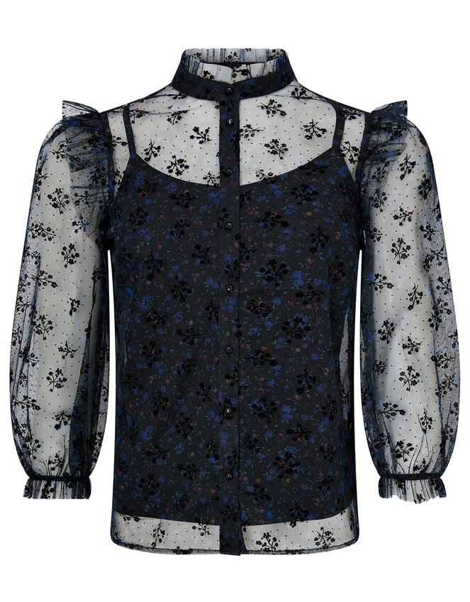 Floral Print Lace Blouse, Black (BLACK), large