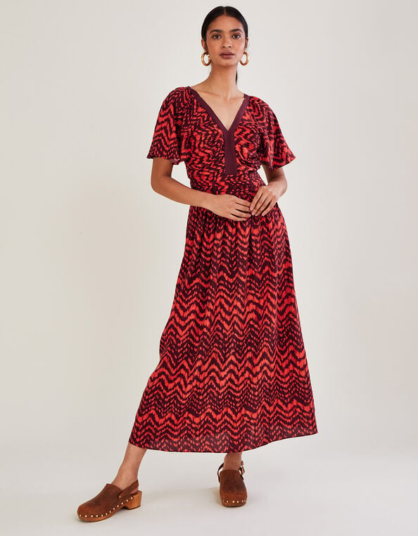 V-Neck Zig-Zag Animal Print Dress, Red (RED), large