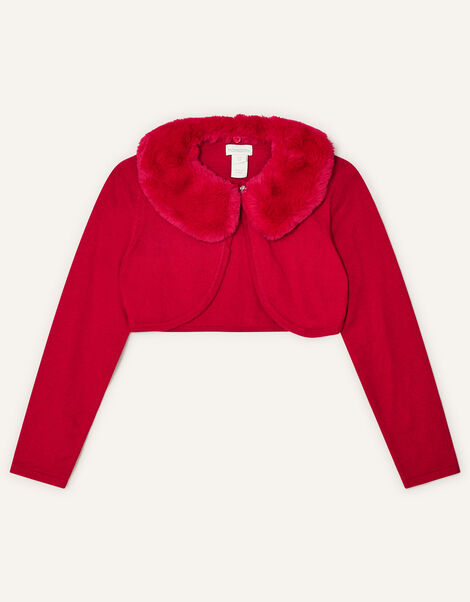 Super-Soft Faux Fur Collar Cardigan, Red (RED), large