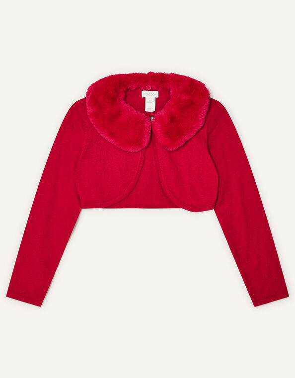 Super-Soft Faux Fur Collar Cardigan, Red (RED), large